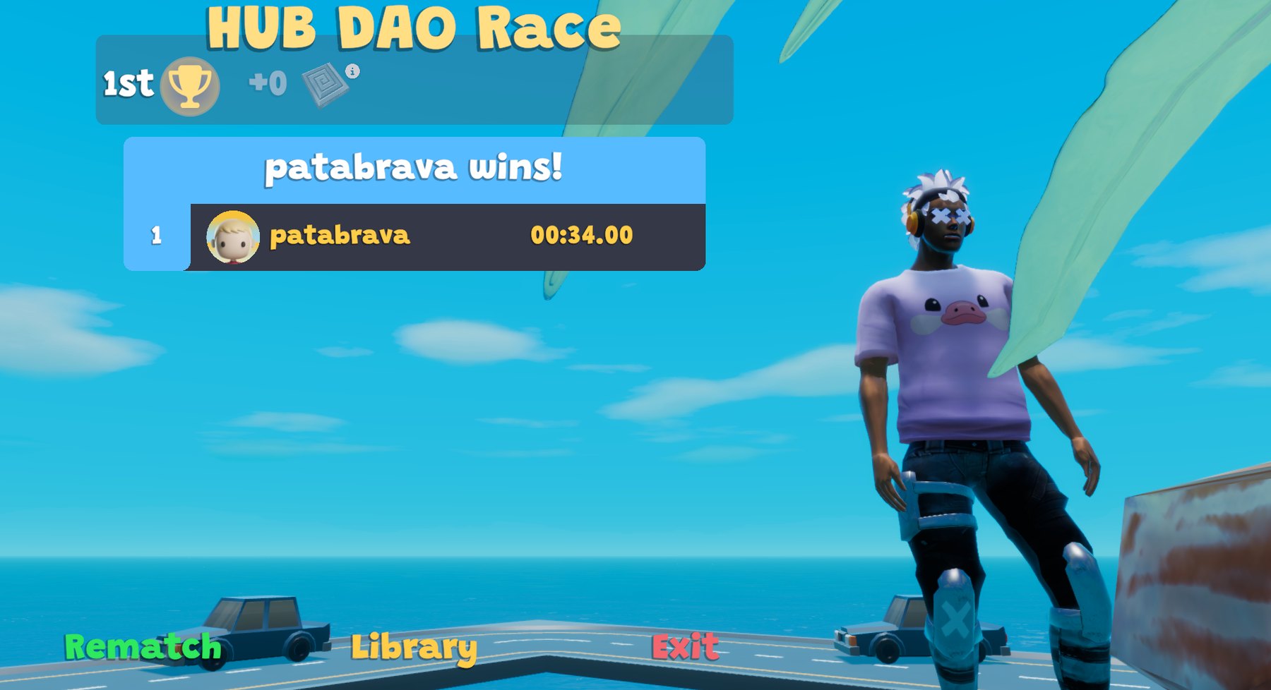 Archived HUB DAO Race gameplay with an avatar on a seaside track, June 2024